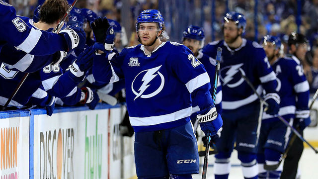 TAMPA, FL - APRIL 30: Brayden Point #21 of the Tampa Bay Lightning celebrates a goal during Game Two of the Eastern Conference Second Round against the Boston Bruins during the 2018 NHL Stanley Cup Playoffs at Amalie Arena on April 30, 2018 in Tampa, Florida.