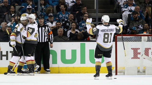 SAN JOSE, CA - APRIL 30: Reilly Smith #19 of the Vegas Golden Knights is congratulated by William Karlsson #71 and Jonathan Marchessault #81 after he scored on Martin Jones #31 of the San Jose Sharks in the second period of Game Three of the Western Conference Second Round during the 2018 NHL Stanley Cup Playoffs at SAP Center on April 30, 2018 in San Jose, California.