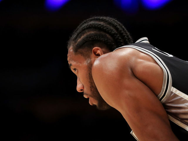 LOS ANGELES, CA - NOVEMBER 18: Kawhi Leonard #2 of the San Antonio Spurs looks on during the first half of a game against the Los Angeles Lakers at Staples Center on November 18, 2016 in Los Angeles, California.