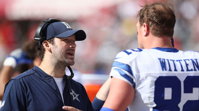 SANTA CLARA, CA - OCTOBER 02: Injured quarterback Tony Romo #8 of the Dallas Cowboys talks with receiver Jason Witten #82 of the Dallas Cowboys on the sidelines during the second half against the San Francisco 49ers at Levi's Stadium on October 2, 2016 in Santa Clara, California.
