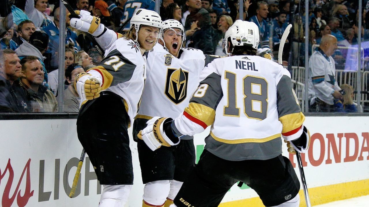 SAN JOSE, CA - APRIL 30: William Karlsson #71, Jonathan Marchessault #81 and James Neal #18 of the Vegas Golden Knights celebrate Karlsson's overtime winning goal in Game Three of the Western Conference Second Round against the San Jose Sharks during the 2018 NHL Stanley Cup Playoffs at SAP Center on April 30, 2018 in San Jose, California.