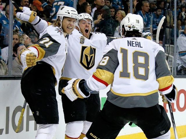 SAN JOSE, CA - APRIL 30: William Karlsson #71, Jonathan Marchessault #81 and James Neal #18 of the Vegas Golden Knights celebrate Karlsson's overtime winning goal in Game Three of the Western Conference Second Round against the San Jose Sharks during the 2018 NHL Stanley Cup Playoffs at SAP Center on April 30, 2018 in San Jose, California.