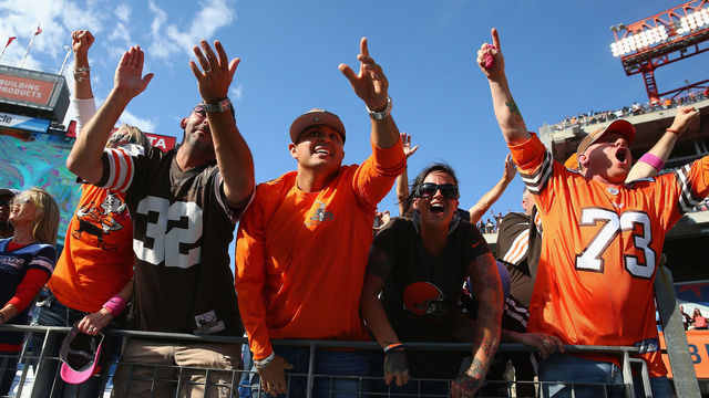 NASHVILLE, TN - OCTOBER 05: Cleveland Browns fans celebrate after the game against the Tennessee Titans at LP Field on October 5, 2014 in Nashville, Tennessee.