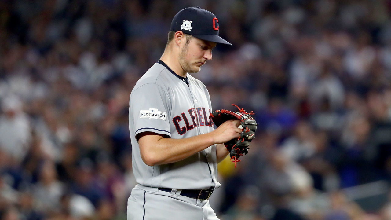 NEW YORK, NY - OCTOBER 09: Trevor Bauer #47 of the Cleveland Indians reacts against the New York Yankees during the second inning in Game Four of the American League Divisional Series at Yankee Stadium on October 9, 2017 in the Bronx borough of New York City.