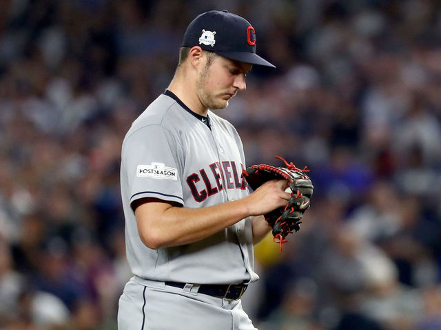 NEW YORK, NY - OCTOBER 09: Trevor Bauer #47 of the Cleveland Indians reacts against the New York Yankees during the second inning in Game Four of the American League Divisional Series at Yankee Stadium on October 9, 2017 in the Bronx borough of New York City.