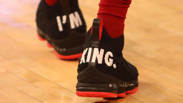NEW YORK, NY - APRIL 09: A detail view of the Nike Lebron 15 sneakers worn by LeBron James #23 of the Cleveland Cavaliers with the words 'I'm King' displayed as he warms up before the game against the New York Knicks at Madison Square Garden on April 9, 2018 in New York City.