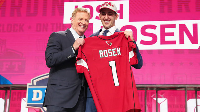 ARLINGTON, TX - APRIL 26: Josh Rosen of UCLA poses with NFL Commissioner Roger Goodell after being picked #10 overall by the Arizona Cardinals during the first round of the 2018 NFL Draft at AT&T Stadium on April 26, 2018 in Arlington, Texas.