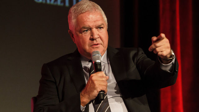 MONTREAL, QC - NOVEMBER 17: Florida Panthers general manager Dale Tallon speaks during a Q&A with host Pierre Houde part of the NHL Centennial 100 Celebration at Bonaventure Hotel on November 17, 2017 in Montreal, Canada.