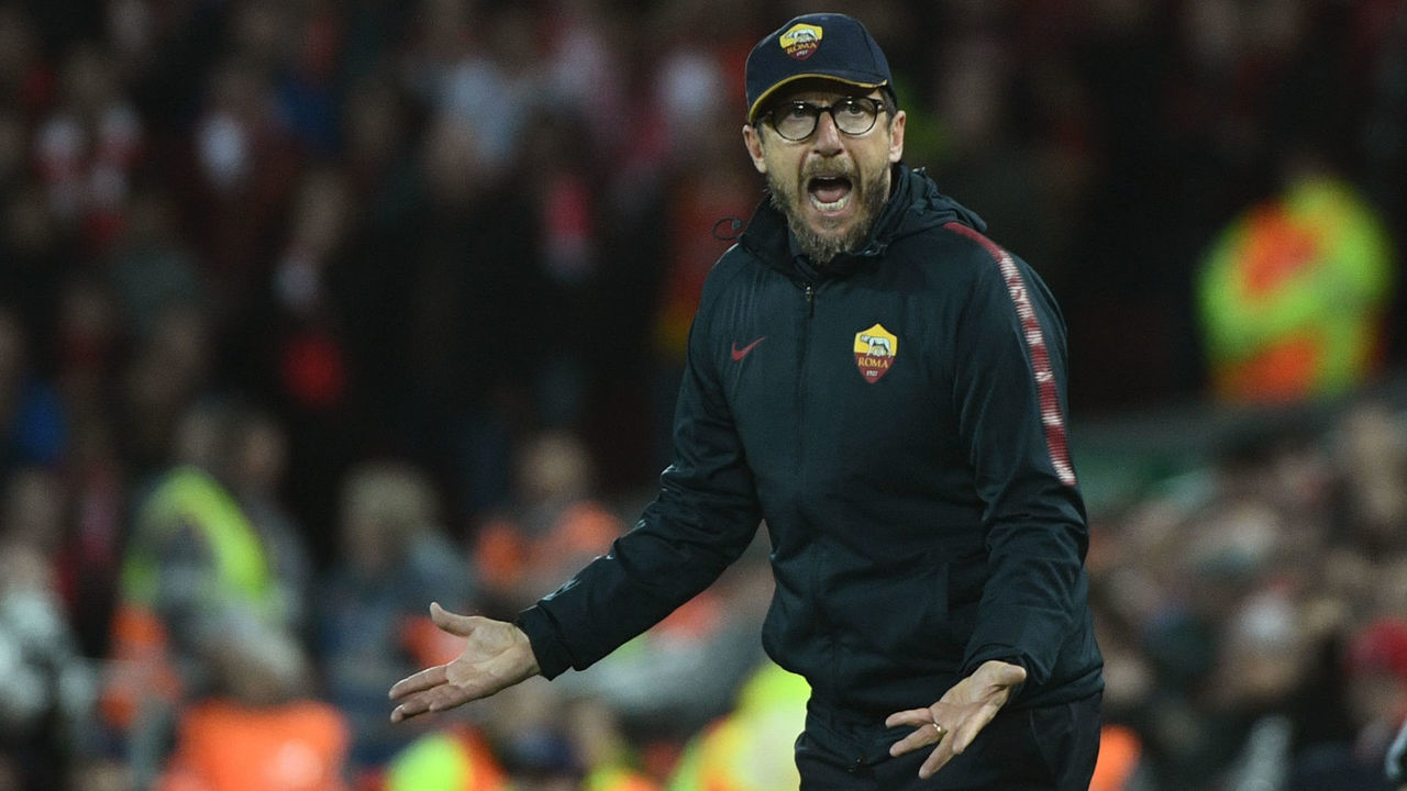 Roma's Italian head coach Eusebio Di Francesco gestures during the UEFA Champions League first leg semi-final football match between Liverpool and Roma at Anfield stadium in Liverpool, north west England on April 24, 2018.