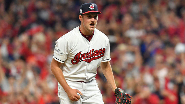 CLEVELAND, OH - OCTOBER 05: Trevor Bauer #47 of the Cleveland Indians celebrates after retiring the side in the sixth inning on a strike out against the New York Yankees during game one of the American League Division Series at Progressive Field on October 5, 2017 in Cleveland, Ohio.