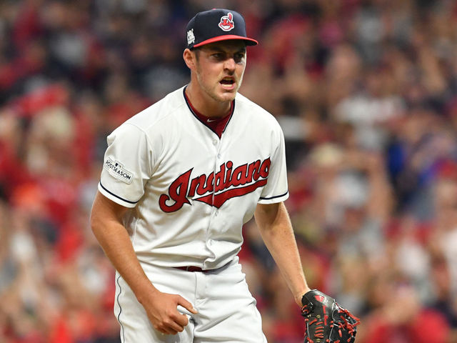 CLEVELAND, OH - OCTOBER 05: Trevor Bauer #47 of the Cleveland Indians celebrates after retiring the side in the sixth inning on a strike out against the New York Yankees during game one of the American League Division Series at Progressive Field on October 5, 2017 in Cleveland, Ohio.