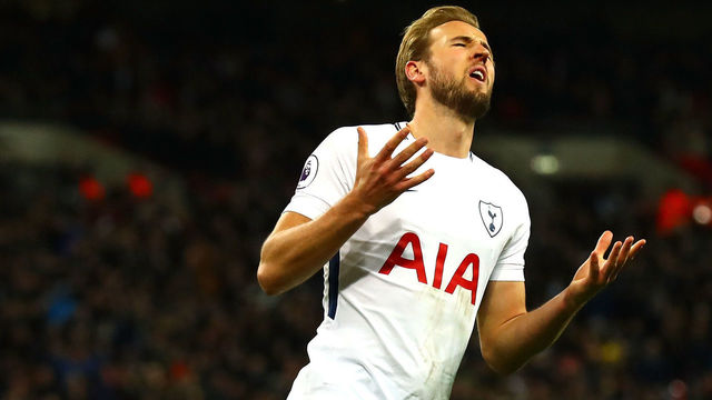 LONDON, ENGLAND - APRIL 30: Harry Kane of Tottenham Hotspur reacts to a missed goal chance during the Premier League match between Tottenham Hotspur and Watford at Wembley Stadium on April 30, 2018 in London, England.
