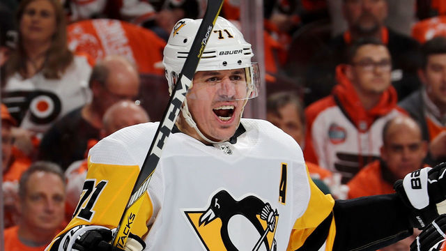 PHILADELPHIA, PA - APRIL 18: Evgeni Malkin #71 of the Pittsburgh Penguins celebrates his goal in the first period against the Philadelphia Flyers in Game Four of the Eastern Conference First Round during the 2018 NHL Stanley Cup Playoffs at Wells Fargo Center on April 18, 2018 in Philadelphia, Pennsylvania.