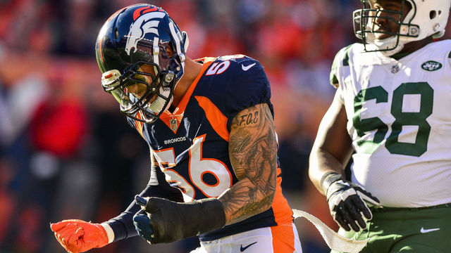 DENVER, CO - DECEMBER 10: Outside linebacker Shane Ray #56 of the Denver Broncos celebrates after a defensive play against the New York Jets at Sports Authority Field at Mile High on December 10, 2017 in Denver, Colorado.