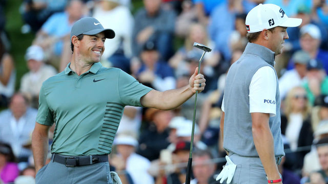 PACIFIC PALISADES, CA - FEBRUARY 16: Rory McIlroy of Northern Ireland and Justin Thomas react on the 18th green during the second round of the Genesis Open at Riviera Country Club on February 16, 2018 in Pacific Palisades, California.