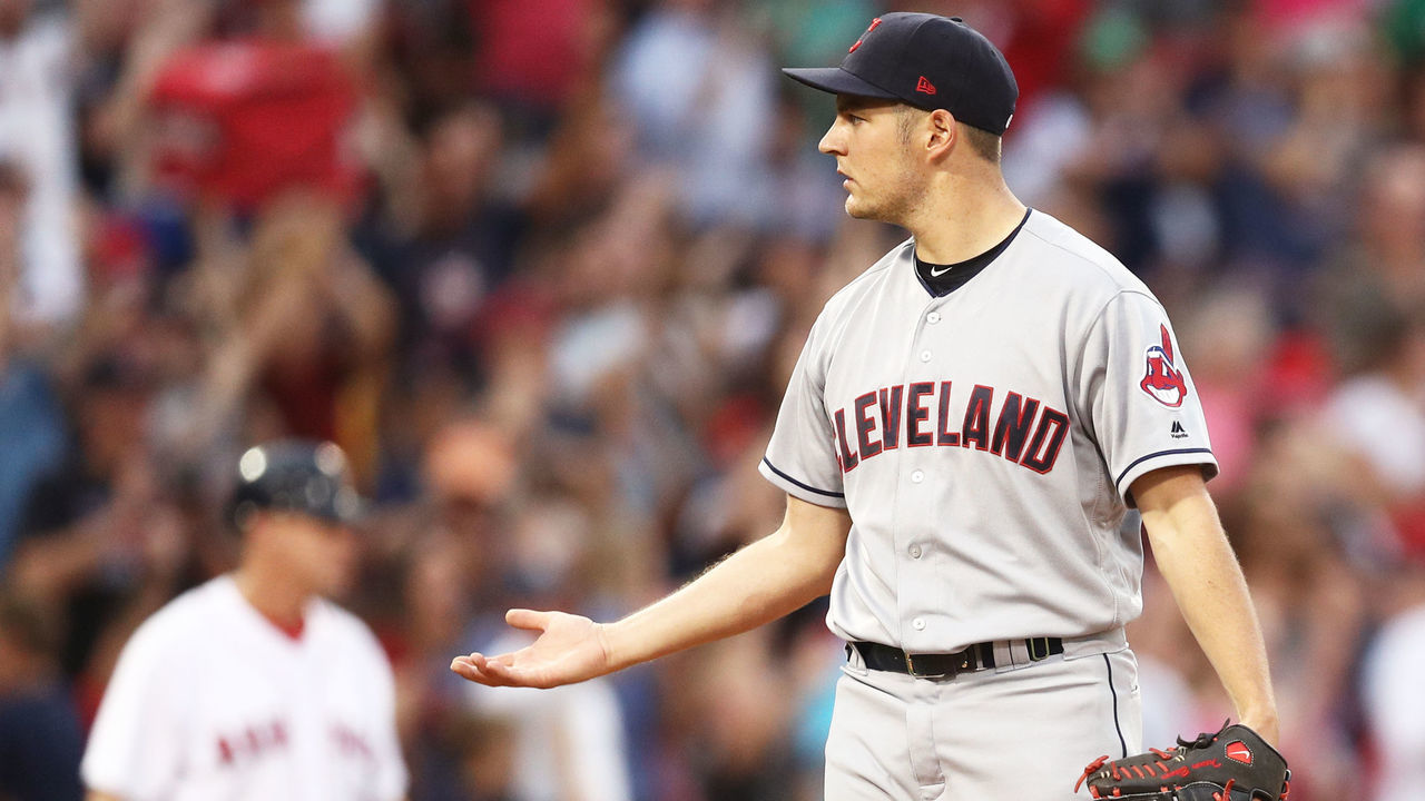BOSTON, MA - AUGUST 14: Trevor Bauer #47 of the Cleveland Indians reacts after Rafael Devers #11 of the Boston Red Sox hit a home run during the fourth inning at Fenway Park on August 14, 2017 in Boston, Massachusetts.