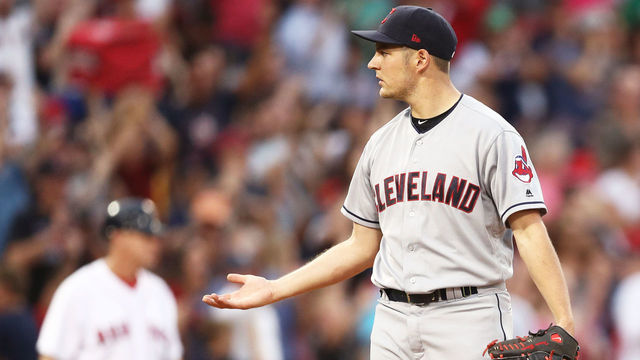 BOSTON, MA - AUGUST 14: Trevor Bauer #47 of the Cleveland Indians reacts after Rafael Devers #11 of the Boston Red Sox hit a home run during the fourth inning at Fenway Park on August 14, 2017 in Boston, Massachusetts.
