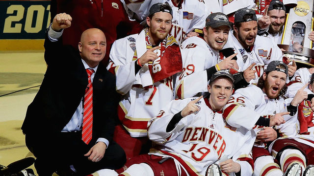 CHICAGO, IL - APRIL 08: The Denver Pioneers celebrate after beating the Minnesota-Duluth Bulldogs during the 2017 NCAA Division I Men's Ice Hockey Championship game at the United Center on April 8, 2017 in Chicago, Illinois. Denver defeated Minnesota-Duluth 3-2.