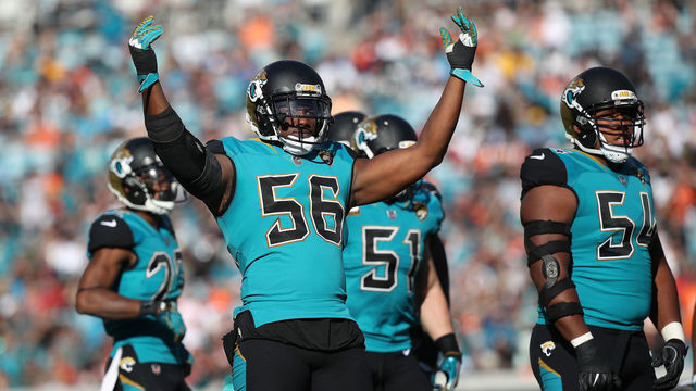 JACKSONVILLE, FL - NOVEMBER 05: Dante Fowler #56 of the Jacksonville Jaguars celebrates a play on the field in the second half of their game against the Cincinnati Bengals at EverBank Field on November 5, 2017 in Jacksonville, Florida.