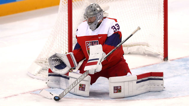 GANGNEUNG, SOUTH KOREA - FEBRUARY 23: Pavel Francouz #33 of the Czech Republic makes a save in the second period against Olympic Athletes from Russia during the Men's Play-offs Semifinals on day fourteen of the PyeongChang 2018 Winter Olympic Games at Gangneung Hockey Centre on February 23, 2018 in Gangneung, South Korea.