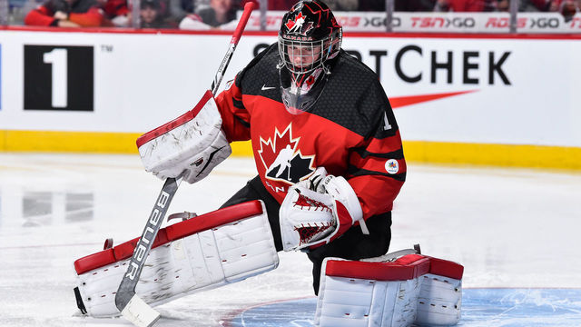 MONTREAL, QC - JANUARY 05: Carter Hart #31 of Team Canada protects his net during the 2017 IIHF World Junior Championship gold medal game against Team United States at the Bell Centre on January 5, 2017 in Montreal, Quebec, Canada. Team United States defeated Team Canada 5-4 in a shootout and win the gold medal round.