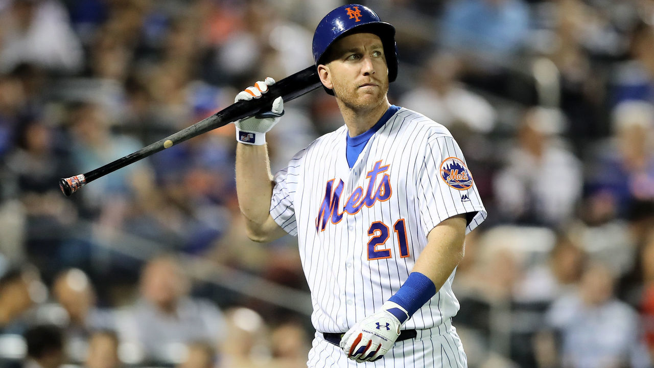 NEW YORK, NY - MAY 02: Todd Frazier #21 of the New York Mets reacts after he struck out in the fourth inning against the Atlanta Braves on May 2, 2018 at Citi Field in the Flushing neighborhood of the Queens borough of New York City.