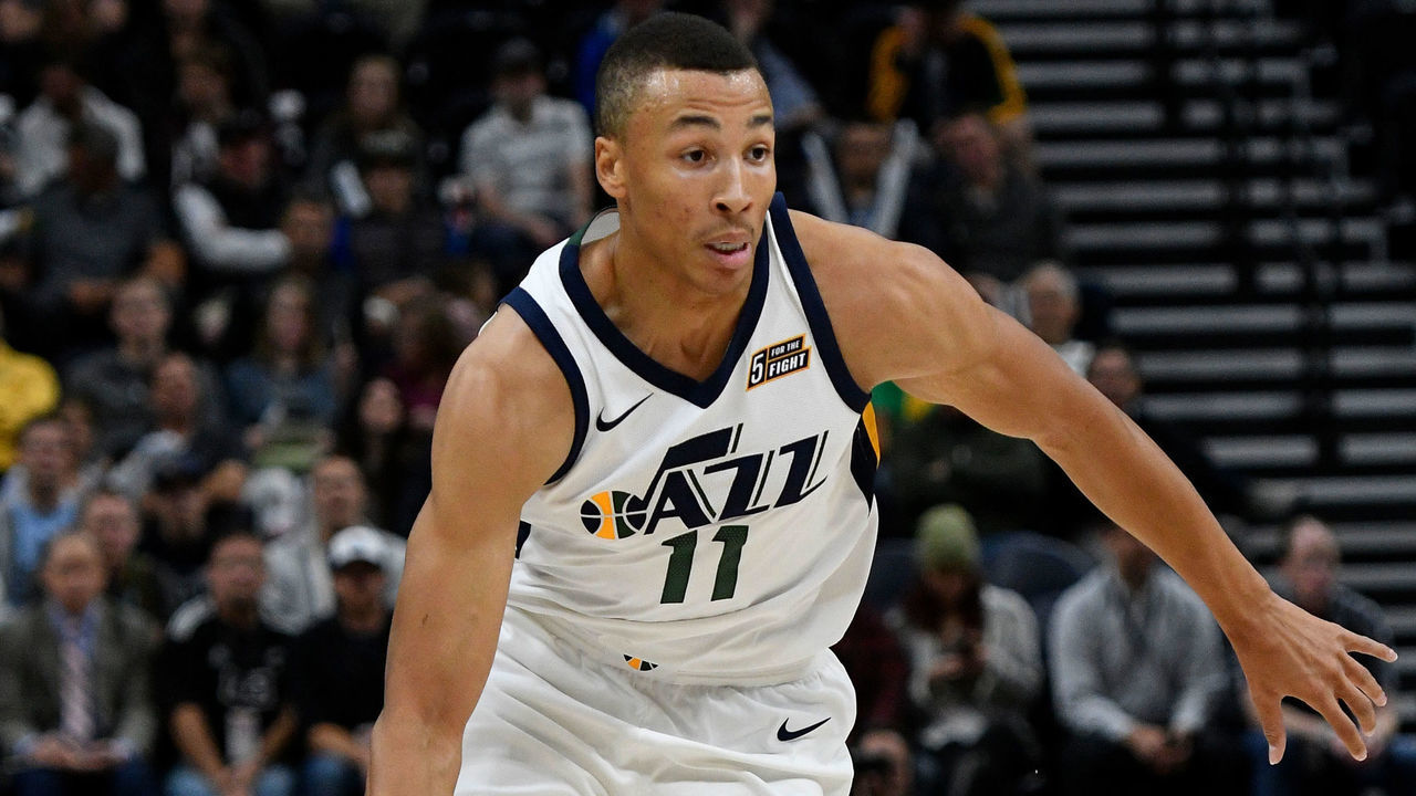 SALT LAKE CITY, UT - OCTOBER 2: Dante Exum #11 of the Utah Jazz brings the ball up court against the Sydney Kings at Vivint Smart Home Arena on October 2, 2017 in Salt Lake City, Utah.