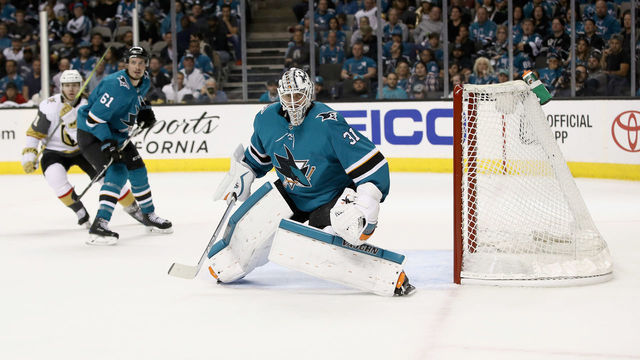 SAN JOSE, CA - APRIL 30: Martin Jones #31 of the San Jose Sharks makes a save against the Vegas Golden Knights during Game Three of the Western Conference Second Round during the 2018 NHL Stanley Cup Playoffs at SAP Center on April 30, 2018 in San Jose, California.