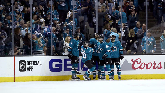 SAN JOSE, CA - MAY 02: Marcus Sorensen #20 of the San Jose Sharks is congratulated by teammates after he scored against the Vegas Golden Knights in the first period during Game Four of the Western Conference Second Round during the 2018 NHL Stanley Cup Playoffs at SAP Center on May 2, 2018 in San Jose, California.