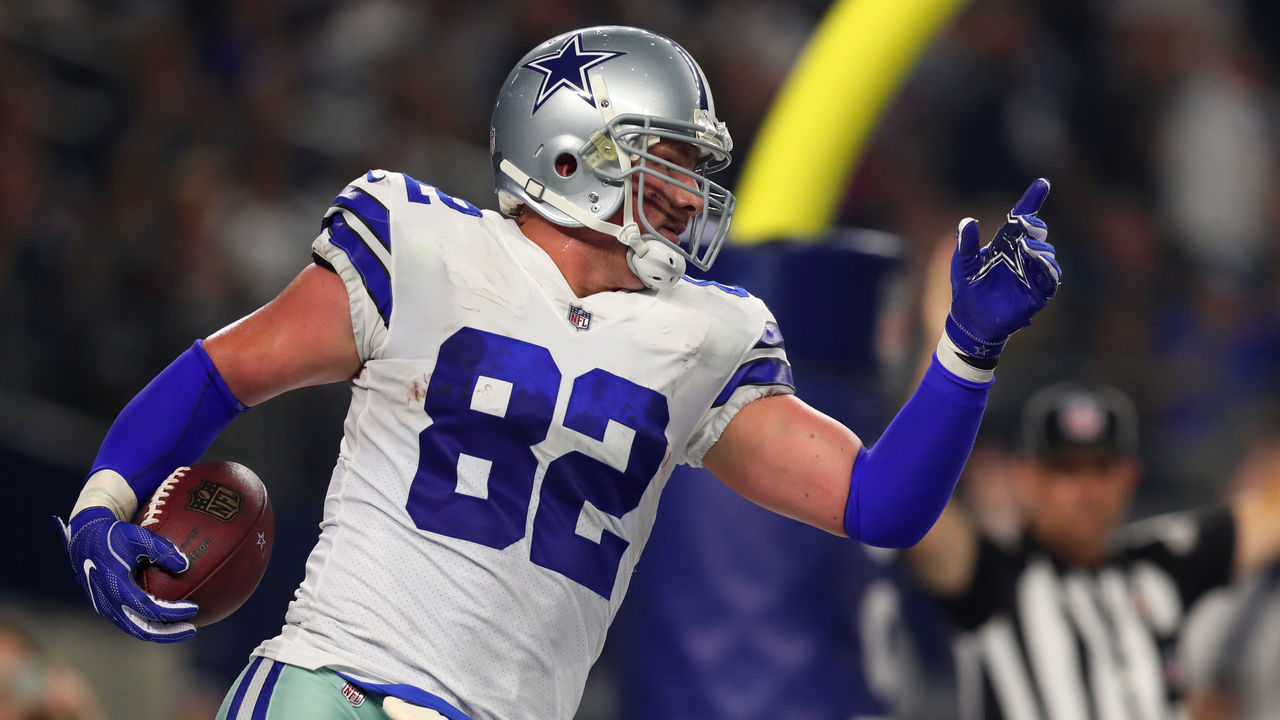 ARLINGTON, TX - AUGUST 26: Jason Witten #82 of the Dallas Cowboys celebrates a touchdown against the Oakland Raiders in the second quarter of a preseason game against the Oakland Raiders at AT&T Stadium on August 26, 2017 in Arlington, Texas.