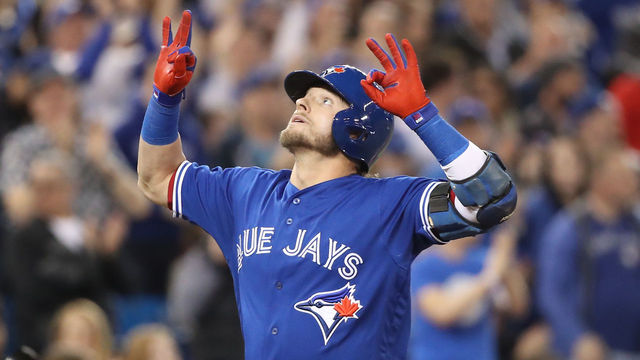 TORONTO, ON - APRIL 2: Josh Donaldson #20 of the Toronto Blue Jays celebrates his solo home run in the sixth inning during MLB game action against the Chicago White Sox at Rogers Centre on April 2, 2018 in Toronto, Canada.