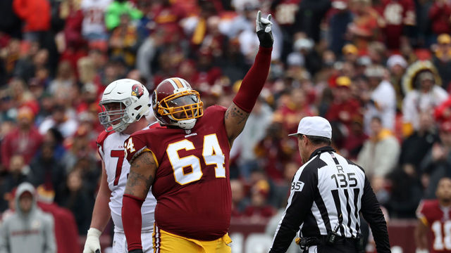 LANDOVER, MD - DECEMBER 17: Defensive Tackle A.J. Francis #64 of the Washington Redskins celebrates after a play in the second quarter against the Arizona Cardinals at FedEx Field on December 17, 2017 in Landover, Maryland.