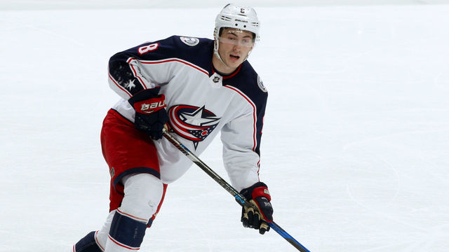 ANAHEIM, CA - MARCH 2: Zach Werenski #8 of the Columbus Blue Jackets skates during the game against the Anaheim Ducks on March 2, 2018 at Honda Center in Anaheim, California. *** Local Caption ***