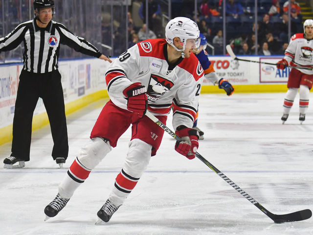 BRIDGEPORT, CT - FEBRUARY 25: Marcus Kruger #29 of the Charlotte Checkers controls the puck during a game against the Bridgeport Sound Tigers at the Webster Bank Arena on February 25, 2018 in Bridgeport, Connecticut.
