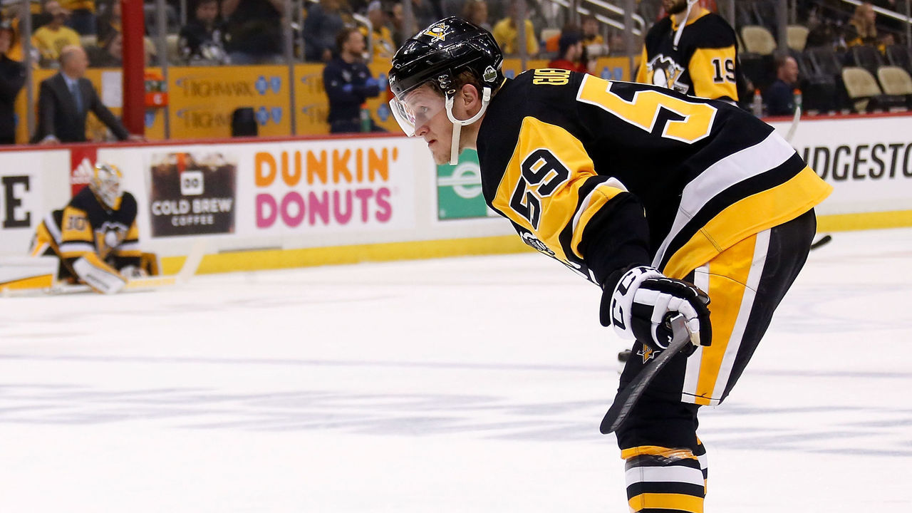 PITTSBURGH, PA - MAY 03: Jake Guentzel #59 of the Pittsburgh Penguins warms up prior to the start of Game Four of the Eastern Conference Second Round during the 2018 NHL Stanley Cup Playoffs against the Washington Capitals at PPG PAINTS Arena on May 3, 2018 in Pittsburgh, Pennsylvania.
