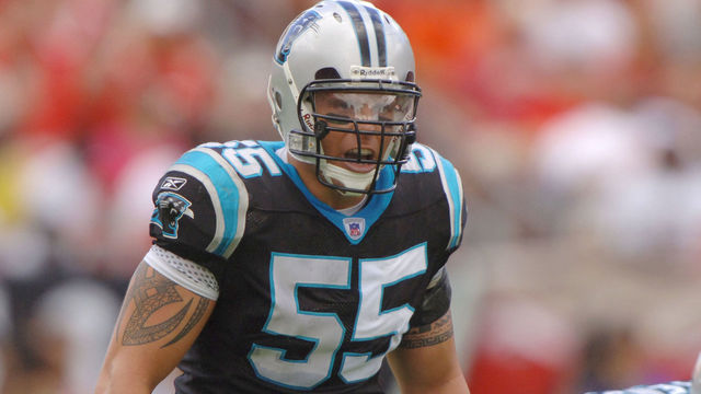 Carolina Panthers linebacker Dan Morgan sets on defense against the Tampa Bay Buccaneers November 6, 2005 in Tampa. The Panthers defeated the Bucs 34 - 14.