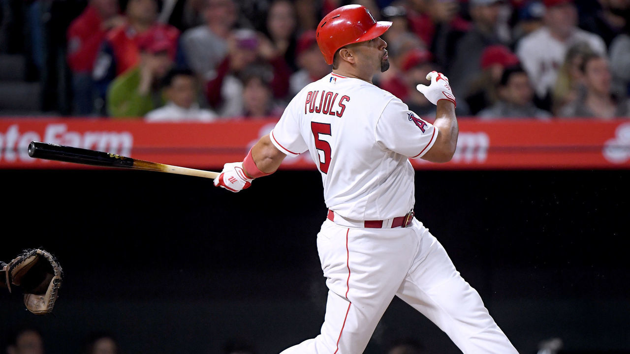 ANAHEIM, CA - MAY 02: Albert Pujols #5 of the Los Angeles Angels hits a double for his 2998th career hit during the fifth inning against the Baltimore Orioles at Angel Stadium on May 2, 2018 in Anaheim, California.