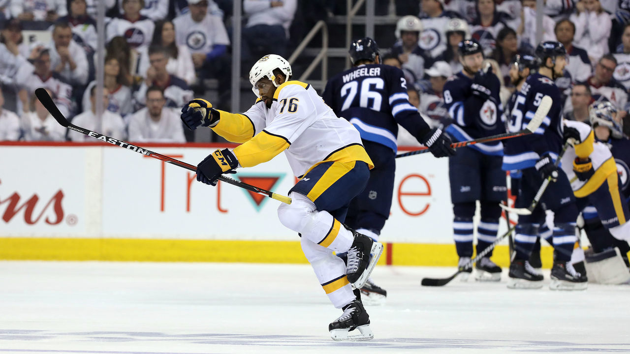 WINNIPEG, MANITOBA - MAY 3: P.K. Subban #76 of the Nashville Predators celebrates his goal against the Winnipeg Jets in Game Four of the Western Conference Second Round during the 2018 NHL Stanley Cup Playoffs on May 3, 2018 at Bell MTS Place in Winnipeg, Manitoba, Canada.