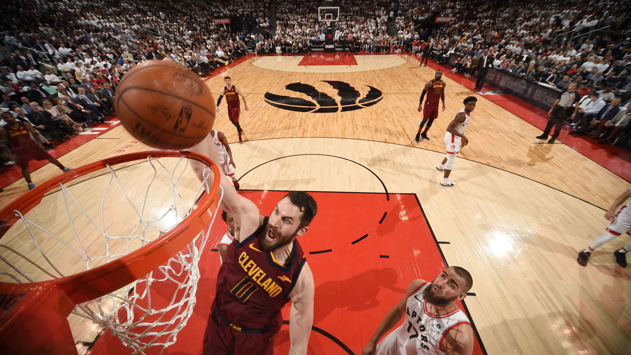 TORONTO, CANADA - MAY 3: Kevin Love #0 of the Cleveland Cavaliers dunks the ball against the Toronto Raptors in Game Two of Round Two of the 2018 NBA Playoffs on May 3, 2018 at the Air Canada Centre in Toronto, Ontario, Canada. Mandatory Copyright Notice: Copyright 2018 NBAE