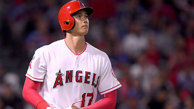 ANAHEIM, CA - MAY 03: Shohei Ohtani #17 of the Los Angeles Angels reacts to his walk during the fourth inning against the Baltimore Orioles at Angel Stadium on May 3, 2018 in Anaheim, California.