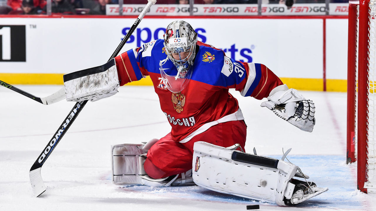 MONTREAL, QC - JANUARY 04: Ilya Samsonov #30 of Team Russia makes a pad save during the 2017 IIHF World Junior Championship semifinal game against Team United States at the Bell Centre on January 4, 2017 in Montreal, Quebec, Canada. Team United States defeated Team Russia 4-3 in a shootout.