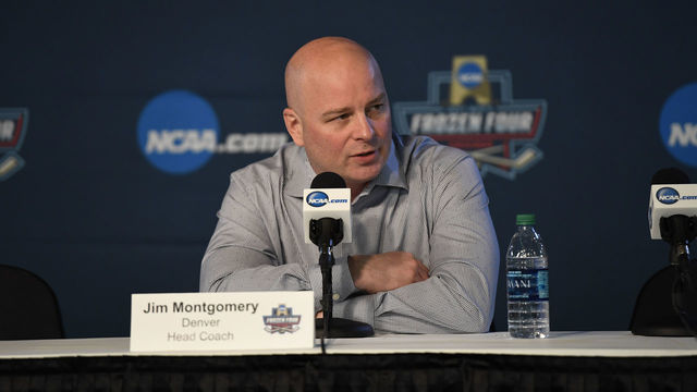 CHICAGO, IL - APRIL 7: Denver Pioneers head coach Jim Montgomery answers questions during a press conference prior to taking the ice for practice on April 7, 2017 in Chicago, Illinois at the United Center. The Pioneers take on Minnesota-Duluth Bulldogs in the Championship game.