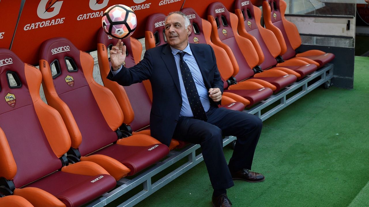 ROME, ITALY - MAY 28 : President of AS Roma James Pallotta poses for a photo with a soccer ball to reporters during the Serie A Week 38 match between A.S. Roma and Genoa CFC at Stadio Olimpico in Rome, Italy on May 28, 2017.