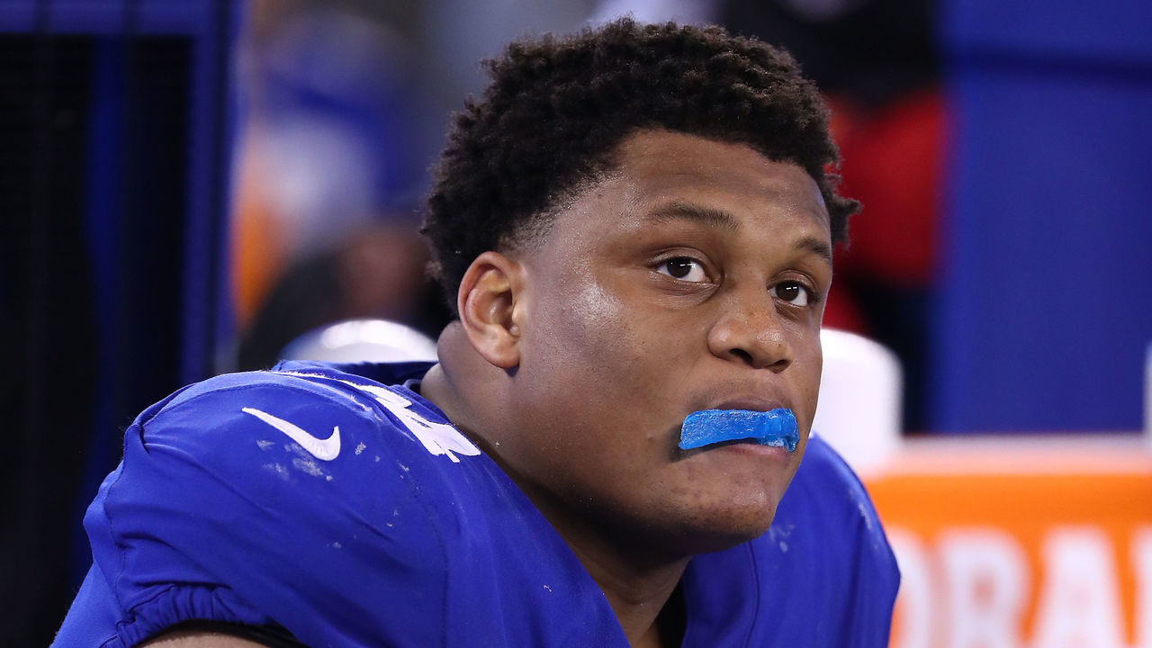EAST RUTHERFORD, NJ - SEPTEMBER 18: Ereck Flowers #74 of the New York Giants sits on the bench against the Detroit Lions during their game at MetLife Stadium on September 18, 2017 in East Rutherford, New Jersey.