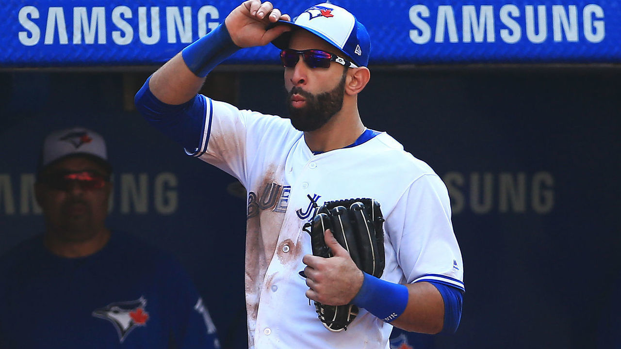 TORONTO, ON - SEPTEMBER 24: Jose Bautista #19 of the Toronto Blue Jays tips his hat to the fans after he is pulled from the game in the ninth inning during MLB game action against the New York Yankees at Rogers Centre on September 24, 2017 in Toronto, Canada.