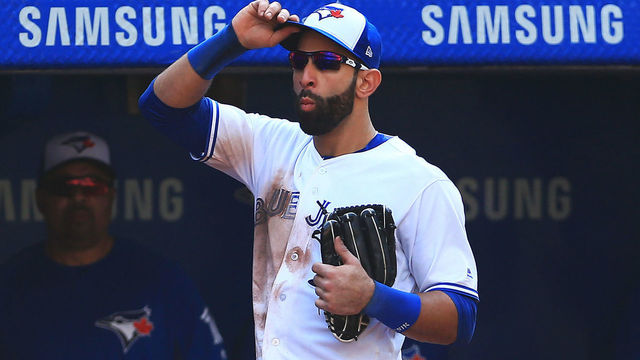 TORONTO, ON - SEPTEMBER 24: Jose Bautista #19 of the Toronto Blue Jays tips his hat to the fans after he is pulled from the game in the ninth inning during MLB game action against the New York Yankees at Rogers Centre on September 24, 2017 in Toronto, Canada.