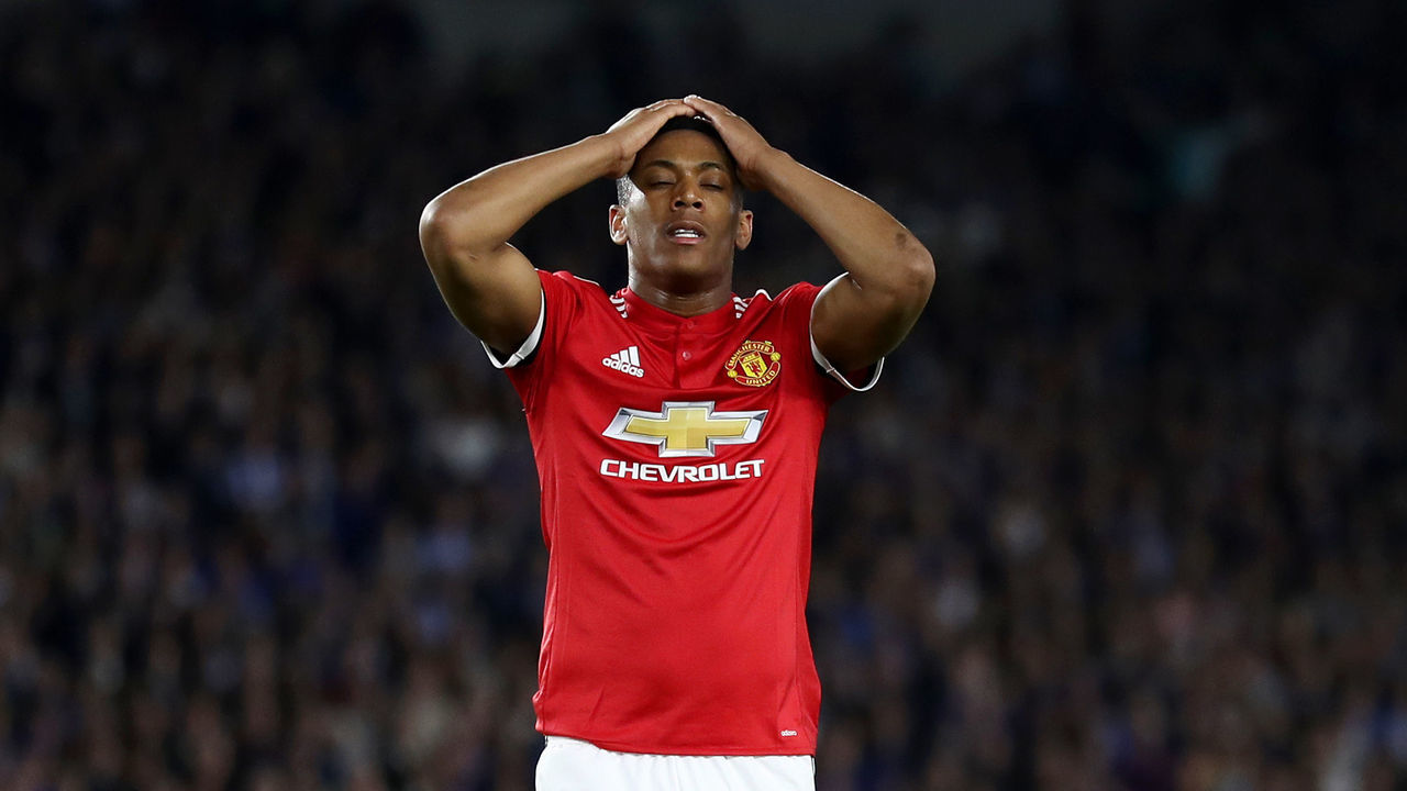 BRIGHTON, ENGLAND - MAY 04: Anthony Martial of Manchester United reacts during the Premier League match between Brighton and Hove Albion and Manchester United at Amex Stadium on May 4, 2018 in Brighton, England.