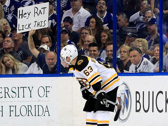 TAMPA, FL - APRIL 30: Brad Marchand #63 of the Boston Bruins looks on during Game Two of the Eastern Conference Second Round against the Tampa Bay Lightning during the 2018 NHL Stanley Cup Playoffs at Amalie Arena on April 30, 2018 in Tampa, Florida.