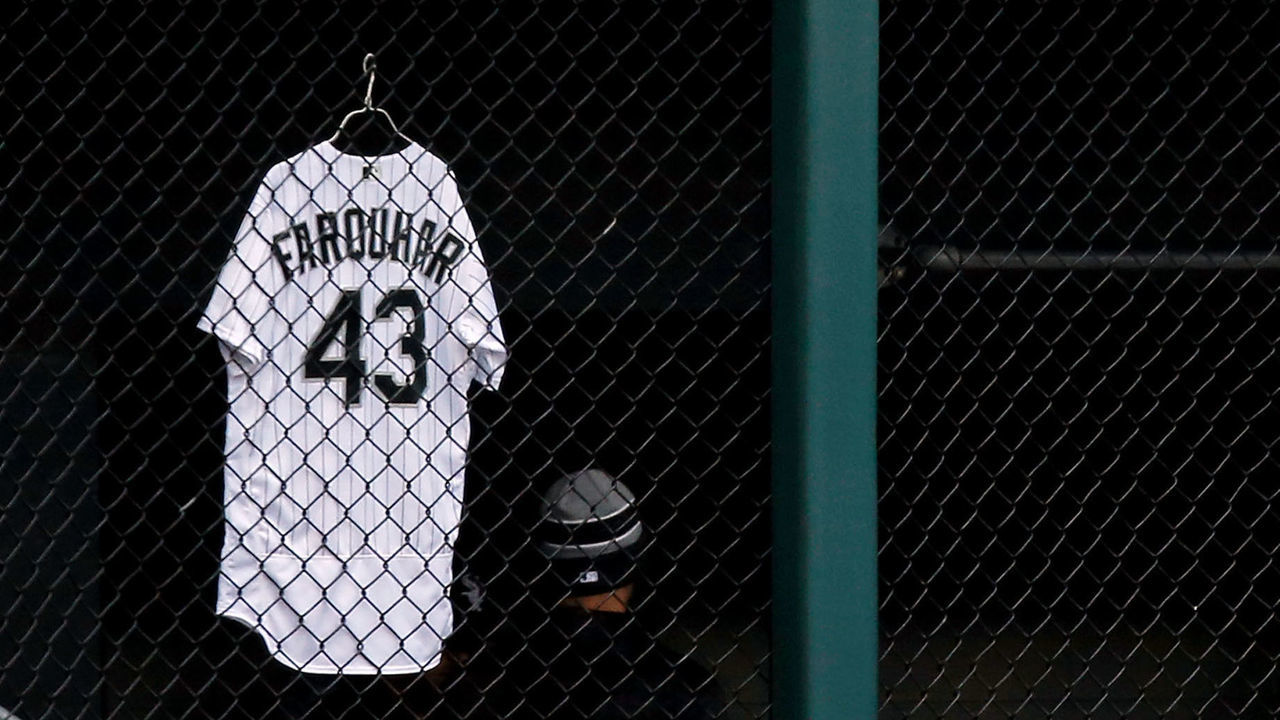 CHICAGO, IL - APRIL 21: The jersey of Danny Farquhar #43 of the Chicago White Sox (not pictured) is hung on the fence of the bullpen during the first inning of their game against the Houston Astros at Guaranteed Rate Field on April 21, 2018 in Chicago, Illinois. In yesterday's game, Farquhar passed out in the dugout after suffering a brain hemorrhage.