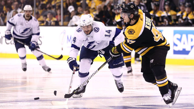 BOSTON, MA - MAY 2: Chris Kunitz #14 of the Tampa Bay Lightning and Torey Krug #47 of the Boston Bruins compete for control of the puck during the second period of Game Three of the Eastern Conference Second Round during the 2018 NHL Stanley Cup Playoffs at TD Garden on May 2, 2018 in Boston, Massachusetts.